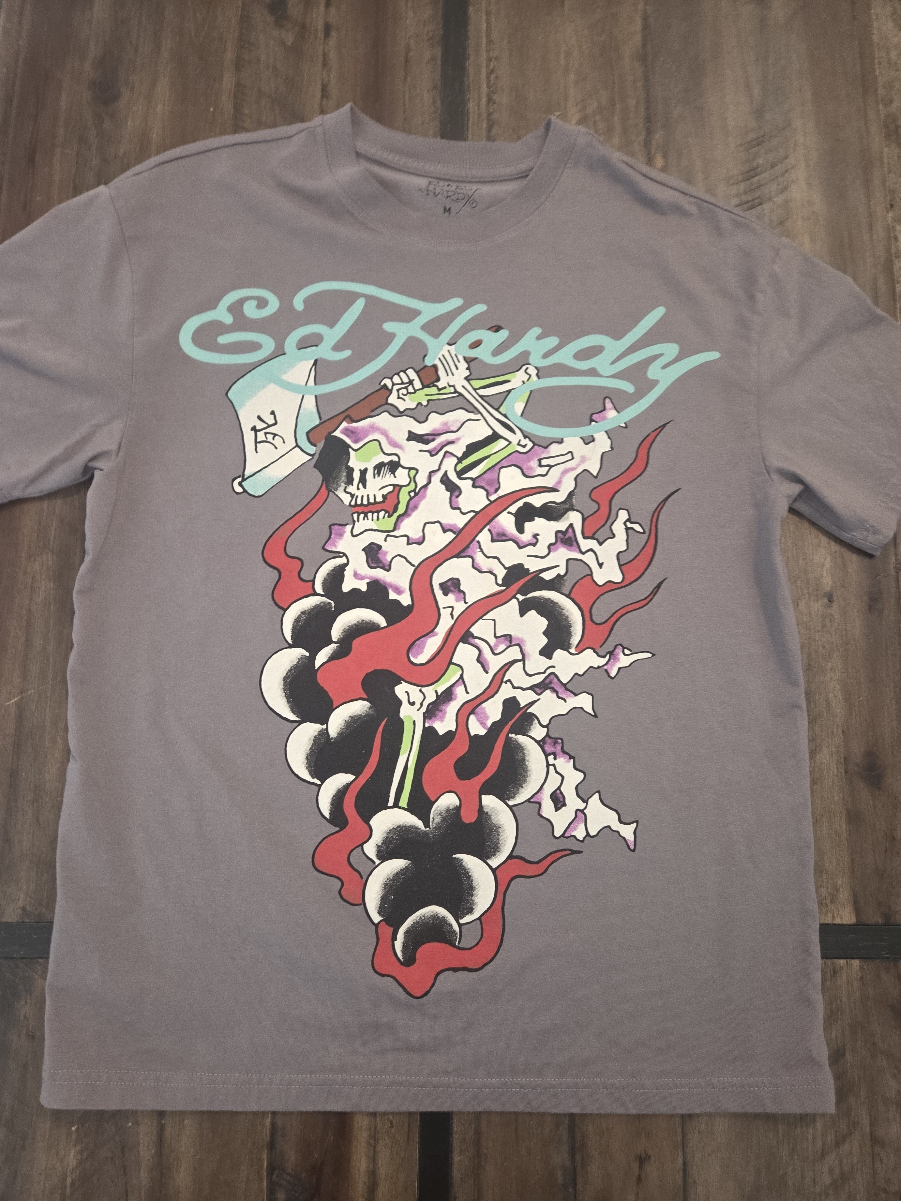 Ed Hardy Skull Graphic T Shirt Mens Medium Gray Y2k Tattoo Streetwear Tee